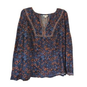 J. JILL  NAVY BLUE ORANGE FLORAL HIPPIE BOHO EMBROIDERED SHIRT SZ 2X